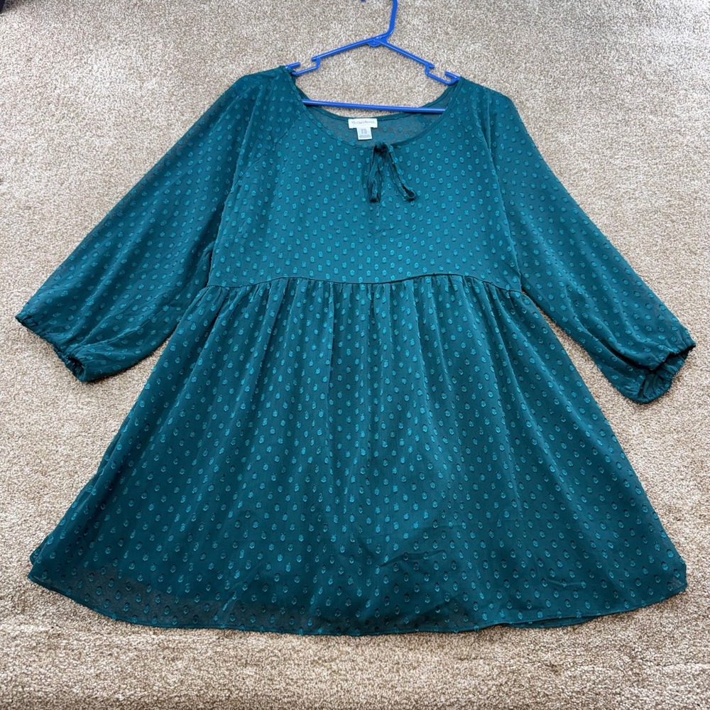 Motherhood Maternity XL Teal Green Swiss Dot Empire Waist Tunic Top Tie Back